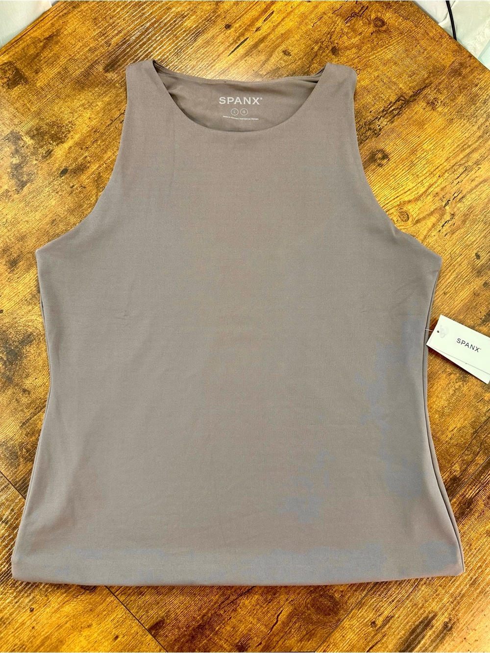 Spanx Smoothing Jersey High Neck Racerback Tank, Smoke Taupe, Large - Picture 7 of 14